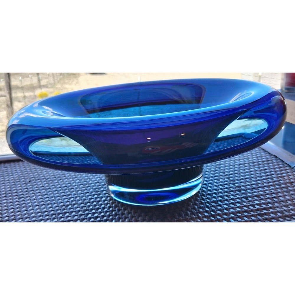 Studio A Home Cobalt Blue Glass Pedestal Bowl Made in Poland Art Glass 10 inch